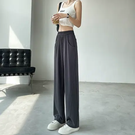 灰色铜氨丝窄版阔腿裤女夏季薄款高腰显瘦垂感休闲直筒冰丝香蕉裤图片