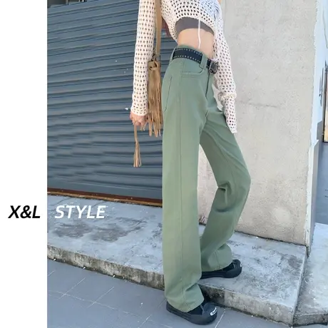 绿色高腰阔腿牛仔裤女秋2023年新款秋季宽松显瘦拖地宽松直筒裤子商品大图