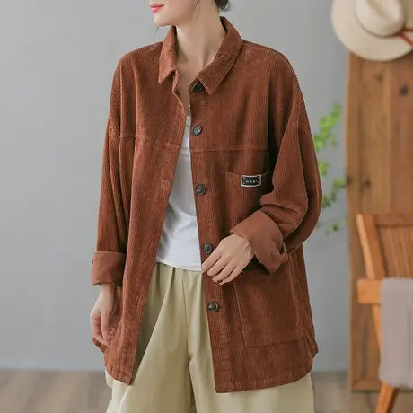 dza 复古中长款灯芯绒衬衫外套女士2023春秋新款休闲外搭显瘦上衣图片