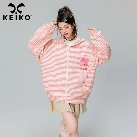 KEIKO 慵懒风连帽卫衣女粉色条纹2024春季oversize拉链开衫外套商品大图