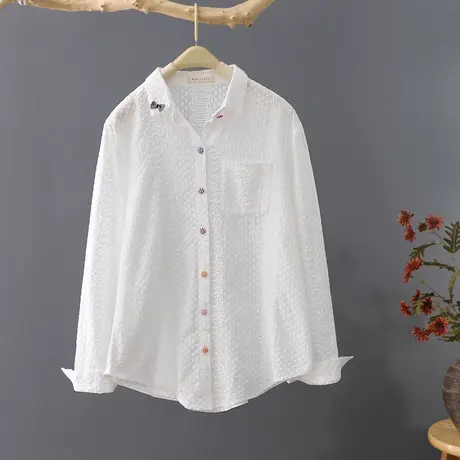 白衬衫女短款宽松长袖刺绣打底衫文艺清新上衣2024春秋新品衬衣商品大图