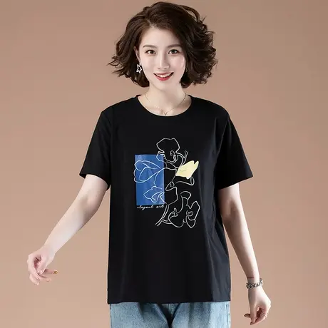 中年妈妈短袖T恤女夏季加肥加大码女装上衣宽松纯棉印花半袖体恤商品大图