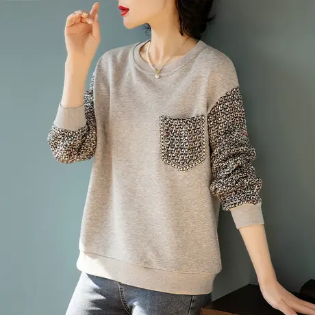 卫衣女春秋新款加肥加大码女装宽松中年妈妈休闲拼接百搭显瘦上衣商品大图