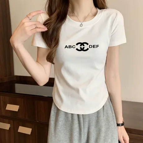 法式不规则纯棉短袖t恤女2023夏季正肩修身显瘦小个子辣妹短上衣图片