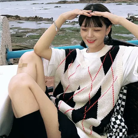 红续春秋新款港风韩版复古学院风菱形格子背心马甲毛衣针织衫外套图片