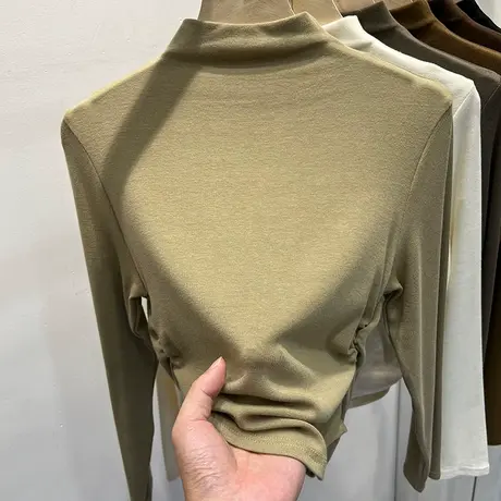 设计感气质半高领褶皱长袖T恤女2023秋装新款洋气内搭打底衫上衣图片