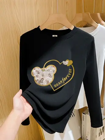 2023早秋新款欧货女装黑色仿棉长袖t恤冬季洋气内搭打底衫上衣服商品大图