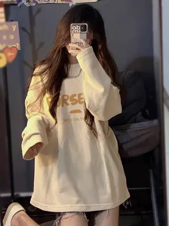 正肩长袖纯棉洋气纯棉宽松T恤女上衣2023春季圆领休闲内搭打底衫图片