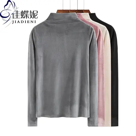 丝绒半高领长袖体恤韩版冬季打底衫女纯色修身简约保暖内搭上衣商品大图