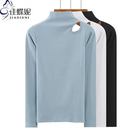 秋冬新款韩版半高领修身纯色纯棉露肩纯欲长袖体恤上衣内搭女打底图片
