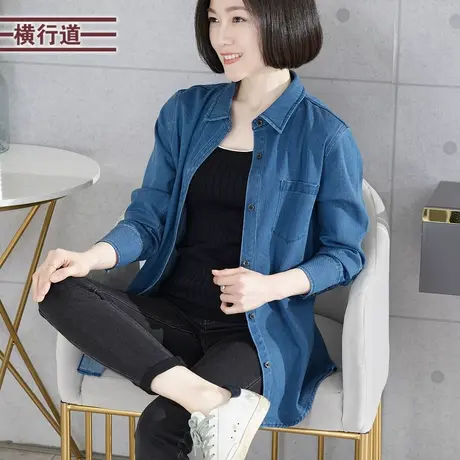 牛仔衬衣长袖衬衫领纯色宽松扣子2025春季新款休闲口袋大码小外套商品大图