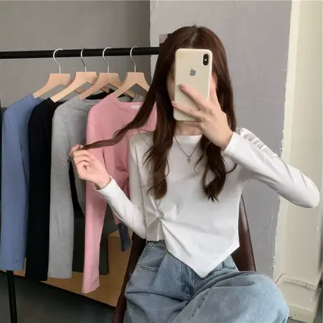 2024年新款秋季韩版不规则设计感长袖t恤女甜酷学生打底衫上衣女商品大图