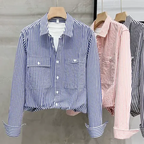 日系复古纯棉休闲条纹衬衫男外穿宽松长袖衬衣上衣潮牌免烫学院风商品大图