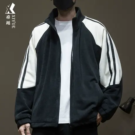 希越摇粒绒棉衣条纹拼接撞色男外套秋冬季宽松大码美式飞行员夹克商品大图