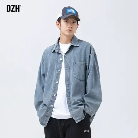 DZH男生休闲蓝色牛仔衬衫男ins潮长袖衬衣秋季开衫外套2024年新款商品大图