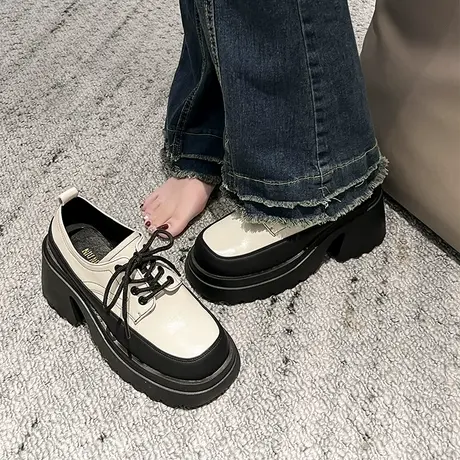 小众厚底增高英伦风小皮鞋女2023秋季新款系带百搭圆头玛丽珍单鞋商品大图