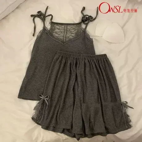 睡衣女夏季露背带胸垫灰色性感网红黑色莫代尔夏天家居服商品大图