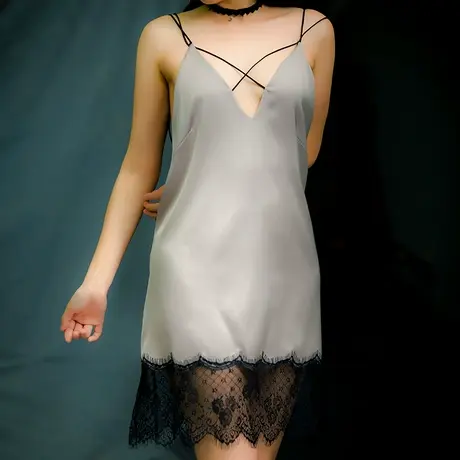 断码 丝滑显瘦 性感吊带V领露背睡衣 蕾丝内衣绸缎睡裙美背家居服商品大图