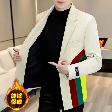 男士加绒呢子西服潮流时尚休闲小西装秋冬季加厚上衣帅气百搭外套商品大图