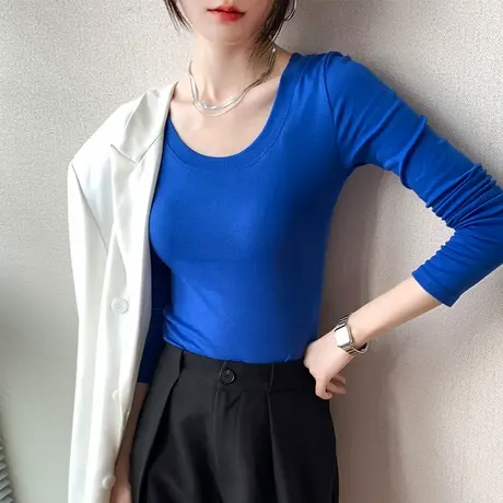 低领修身弹力打底衫女2023春季新款西装内搭长袖T恤纯色百搭上衣图片