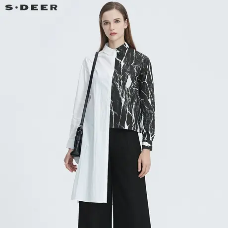 sdeer圣迪奥春季女装休闲翻领黑白撞色印花不规则衬衫S20480508图片