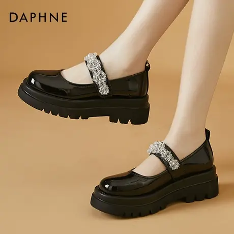 达芙妮厚底小皮鞋女黑色一字带魔术贴夏季玛丽珍平底松糕水晶单鞋图片