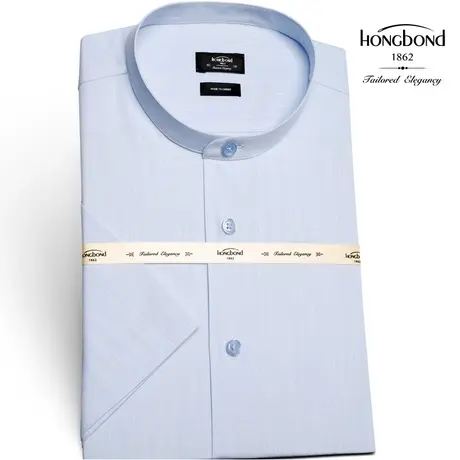 红邦创衣 2023夏半袖新款浅蓝色立领男士衬衫短袖抗皱商务中国风图片