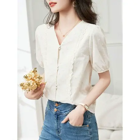 时尚气质V领短袖衬衫2023年夏季新款淑女温柔宽松显瘦通勤上衣商品大图