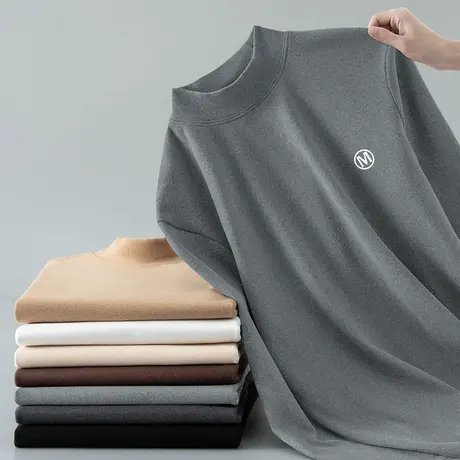 双面德绒t恤男长袖2024新款半高领保暖打底衫秋冬季内搭中领秋衣商品大图