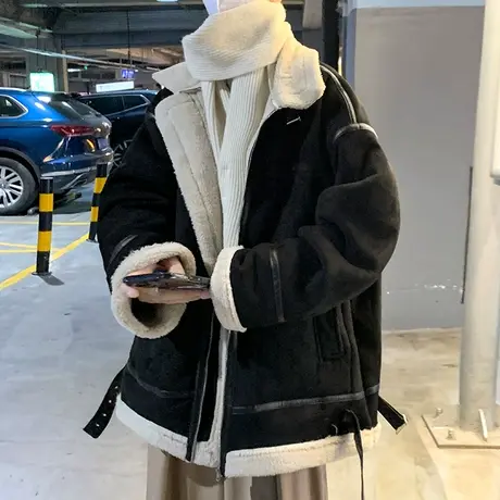 加绒加厚保暖翻领羊羔绒外套男冬季新款休闲外套大码潮流宽松棉袄商品大图