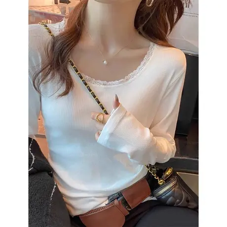法式复古蕾丝边长袖T恤女秋冬修身加绒加厚德绒打底衫内搭上衣服商品大图