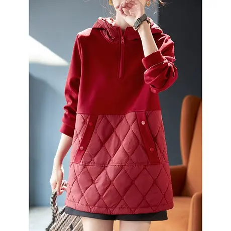 宝诗黎2024年新款中长休闲百搭套头上衣女春秋款连帽拼接宽松卫衣商品大图