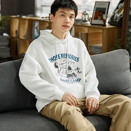唐狮加绒卫衣男士秋冬新款灰色美式外套学院风连帽卫衣ins潮上衣商品大图