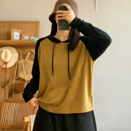 dza 复古拼接连帽毛针织衫女秋冬内搭打底衫宽松上衣休闲长袖毛衣图片