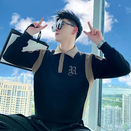 美式撞色POLO衫卫衣男春秋季痞帅长袖t恤休闲刺绣打底衫个性上衣商品大图