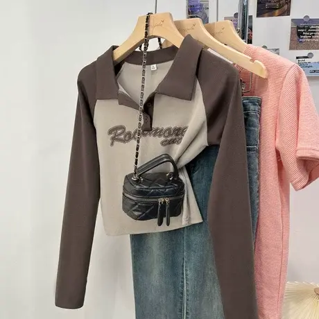 美式复古正肩长袖t恤女2024秋冬新款撞色插肩百搭短款Polo领上衣商品大图