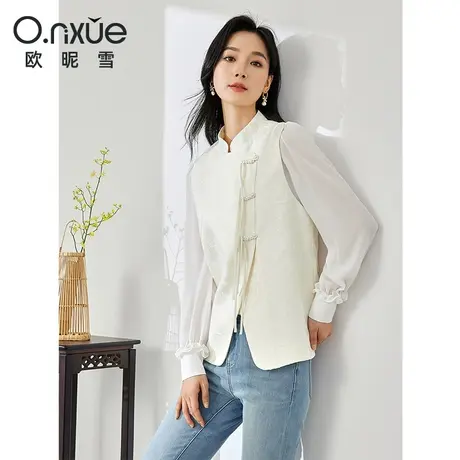 欧昵雪2024春季新款复古国风立领新中式马甲女无袖直筒小个子马夹图片