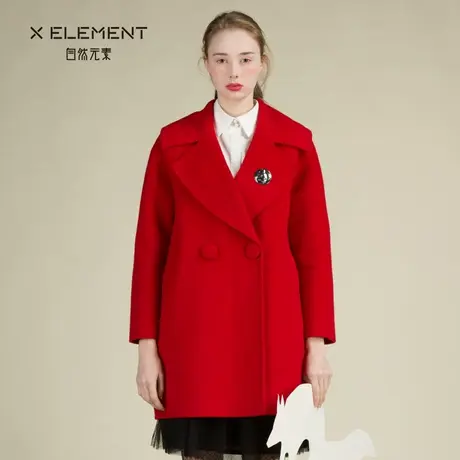 自然元素2017冬季新款红色中长毛呢外套直筒修身大衣图片