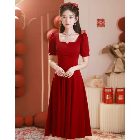 订婚礼服女夏季敬酒服新娘小个子平时可穿便装法式方领回门连衣裙商品大图