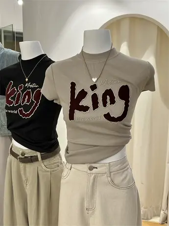 正肩t恤女小立领修身短款 植绒字母美式复古纯欲短袖新款打底上衣商品大图