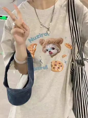 纯棉正肩短袖t恤女夏季大码宽松韩版慵懒风半袖设计感小众上衣服商品大图