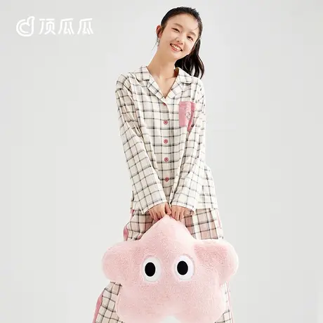 顶瓜瓜睡衣女春秋款纯棉长袖格纹可外穿家居服套装商品大图