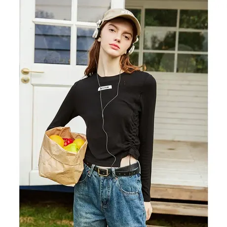a022024春季新款侧边可调节抽绳设计纯色长袖个性女式T恤图片