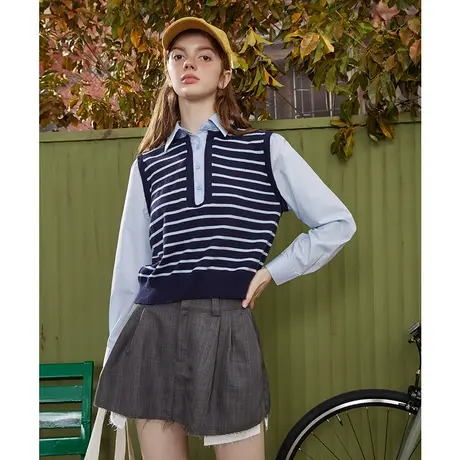 a022024春季新款条纹马甲衬衫假两件设计上衣舒适面料女式针织衫图片