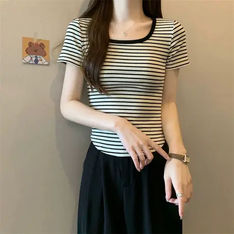 方领条纹短袖T恤女夏季ins别致独特修身显瘦复古法式打底短款上衣图片