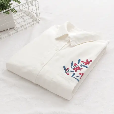 春秋新款文艺小清新刺绣梅花双层棉纱长袖白色衬衫女宽松打底上衣商品大图