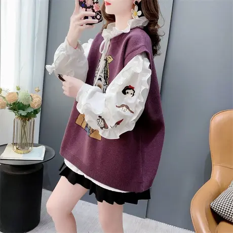 韩版卡通图案无袖针织马甲背心女春季2024年新款宽松减龄坎肩上衣商品大图