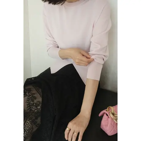 2024春夏季气质洋气短款收腰开衩针织圆领长袖显瘦百搭女士上衣女商品大图