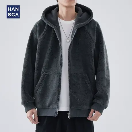 hansca冬季加绒连帽卫衣男宽松2023新款冬装羊羔绒保暖痞帅外套潮商品大图