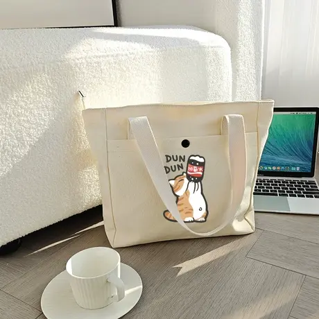 秀洛大橘猫肥宅可乐涨薪水图案印花单肩包购物袋帆布包手提托特包商品大图